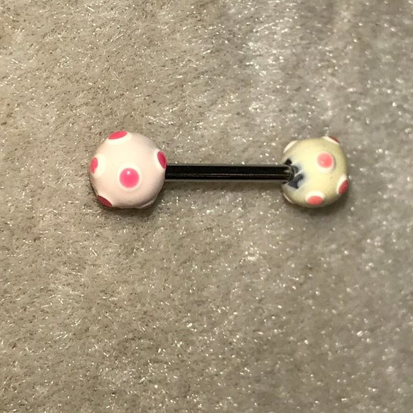 14 Gauge White and Pink Polka Dot Design Tongue Ring - Picture 2 of 4